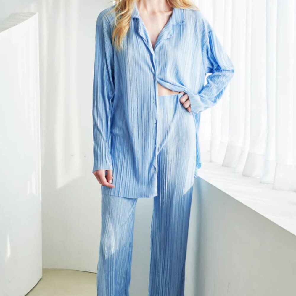 Storets Maria Flared Plisse Set in ciel (pants and shirt) - size S/M